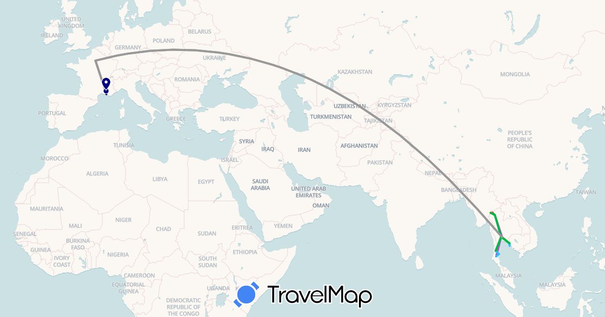 TravelMap itinerary: driving, bus, plane, train, hiking, boat in France, Thailand (Asia, Europe)